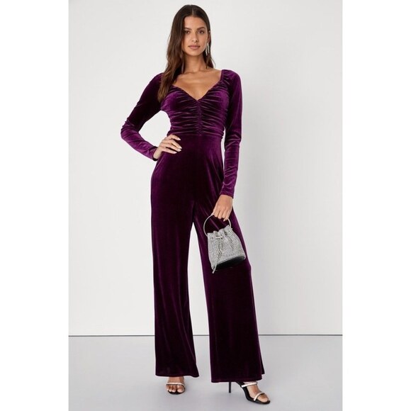 NWOT Lulus Energetic Disposition Purple Velvet Ruched Wide-leg Jumpsuit XS - Picture 1 of 11
